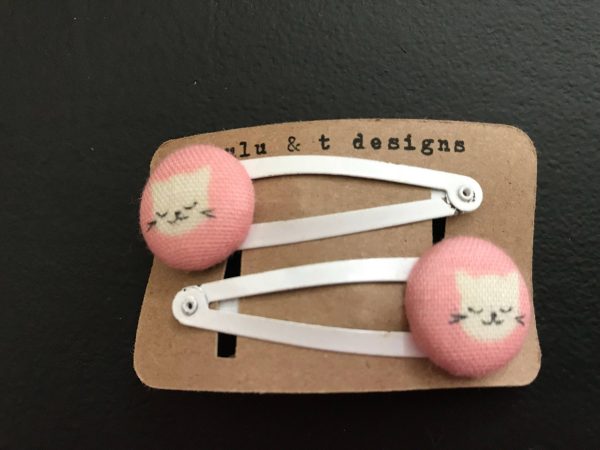 Kitty cat hair clip, cat barrette, cat fabric covered button hair clip pair