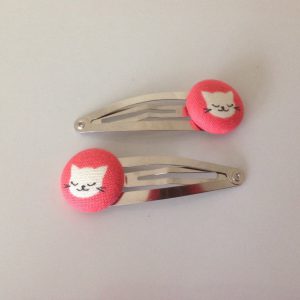 Kitty cat hair clip, cat barrette, cat fabric covered button hair clip pair