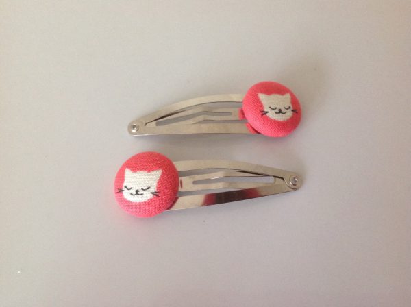 Kitty cat hair clip, cat barrette, cat fabric covered button hair clip pair