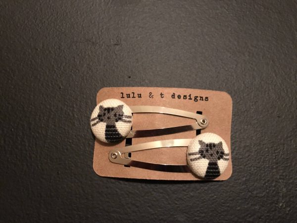 Kitty cat hair clip, cat barrette, cat fabric covered button hair clip pair