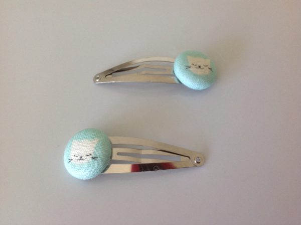 Kitty cat hair clip, cat barrette, cat fabric covered button hair clip pair