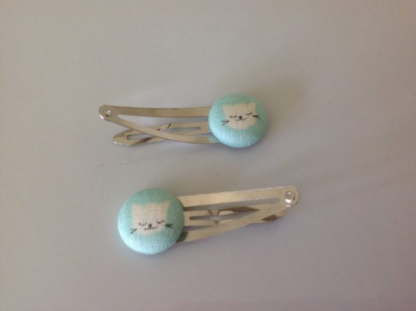 Kitty cat hair clip, cat barrette, cat fabric covered button hair clip pair