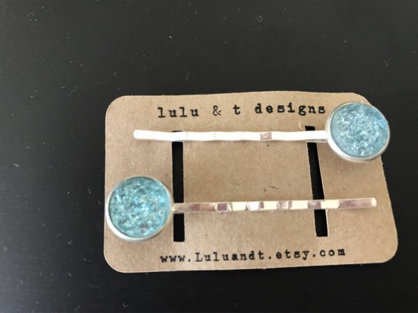 Light blue faux druzy cabochon hair pins-pair