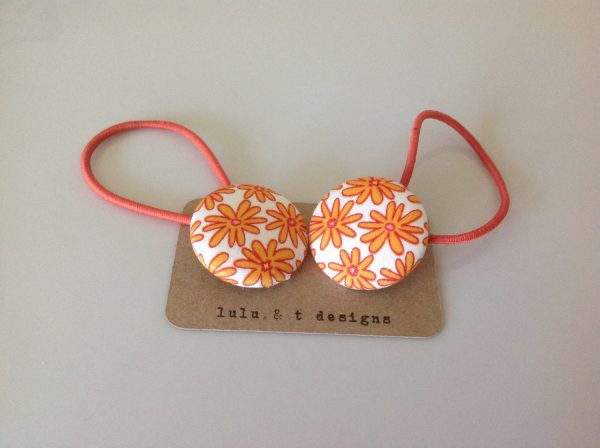 orange flower hair ties, flower fabric covered button hair tie pair