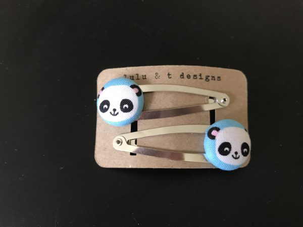 Panda hair clips, panda barrettes, panda lovers, panda fabric covered button hair clip pair