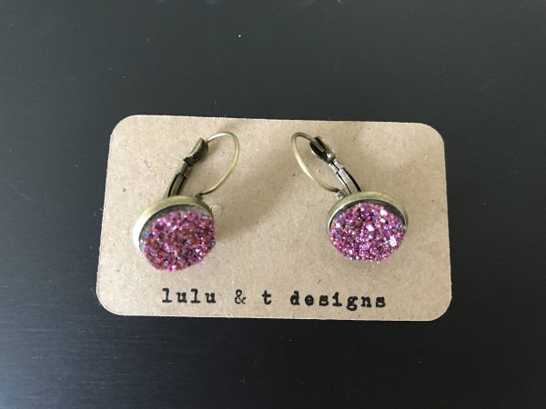 Pink druzy antique bronze leverback earrings, pink faux druzy cabochon earrings pair