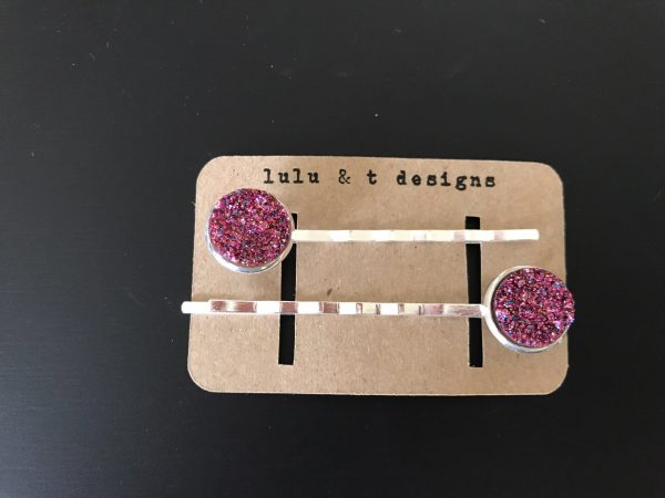 Pink faux druzy cabochon hair pins-pair