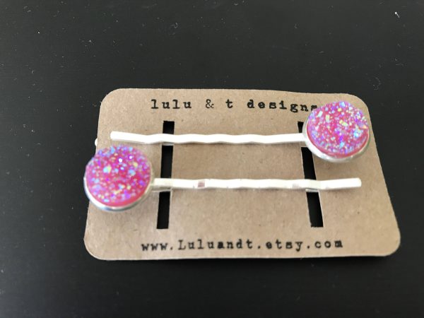 Pink faux druzy cabochon hair pins-pair