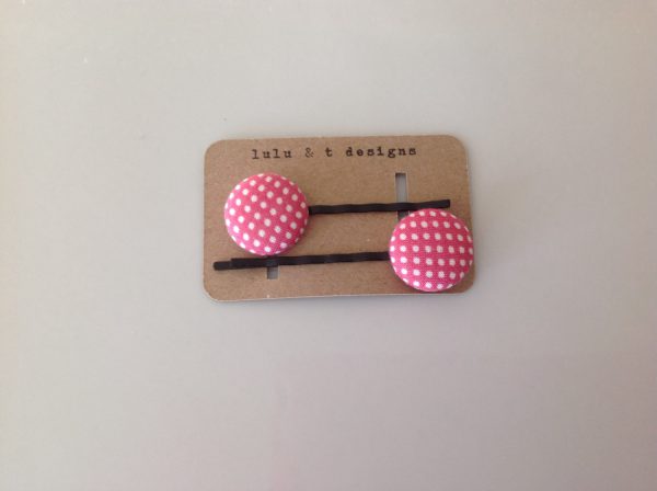 Pink polka dot Bobby pin, Polka dot fabric covered button bobby pin pair