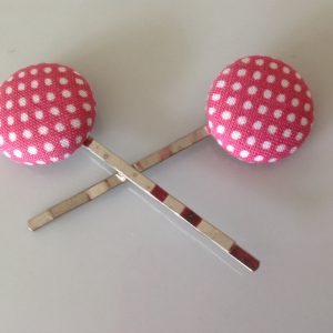 Pink polka dot Bobby pin, Polka dot fabric covered button bobby pin pair