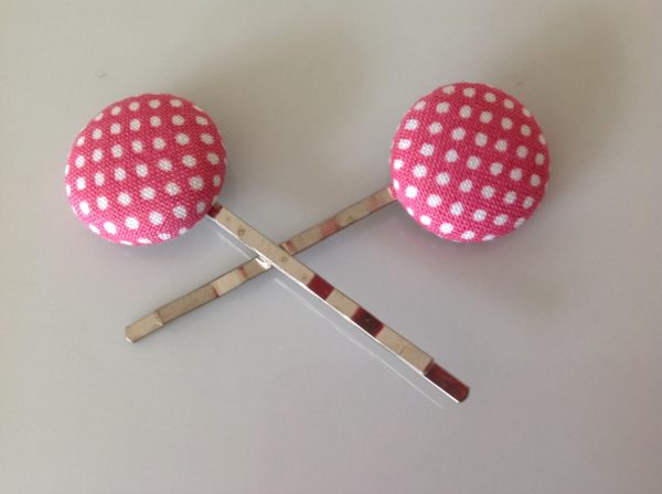 Pink polka dot Bobby pin, Polka dot fabric covered button bobby pin pair