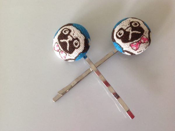 Pug, Bobby pins, Pug fabric covered button bobby pin pair