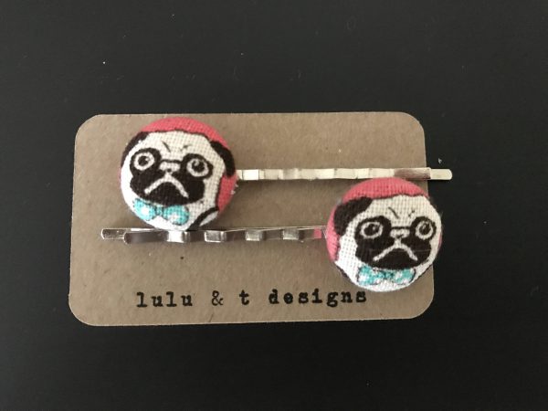 Pug, Bobby pins, Pug fabric covered button bobby pin pair