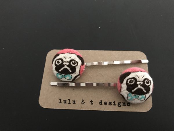 Pug, Bobby pins, Pug fabric covered button bobby pin pair