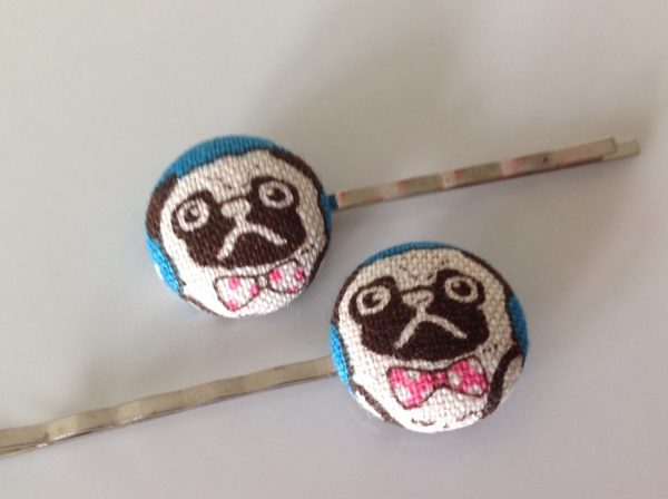 Pug, Bobby pins, Pug fabric covered button bobby pin pair