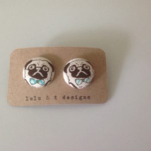 Pug earrings, Pug fabric, Pug fabric covered button earrings pair