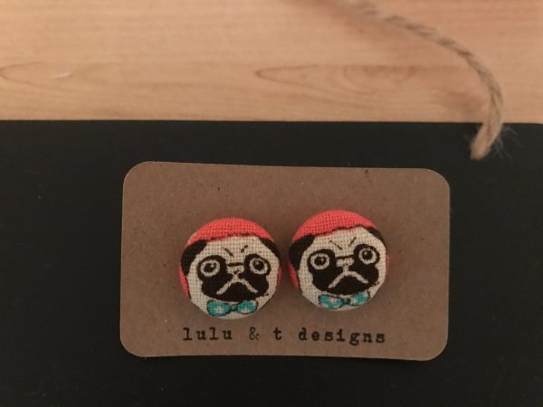 Pug earrings, Pug fabric, Pug fabric covered button earrings pair