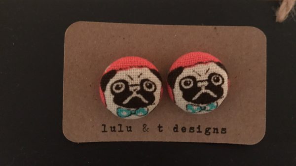 Pug earrings, Pug fabric, Pug fabric covered button earrings pair