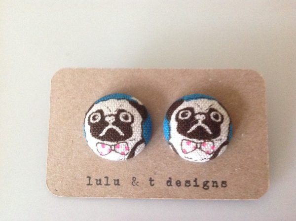 Pug Earrings – Pug Jewelry – Pug fabric covered button earrings – Perfect gift for pug owners and pug lovers