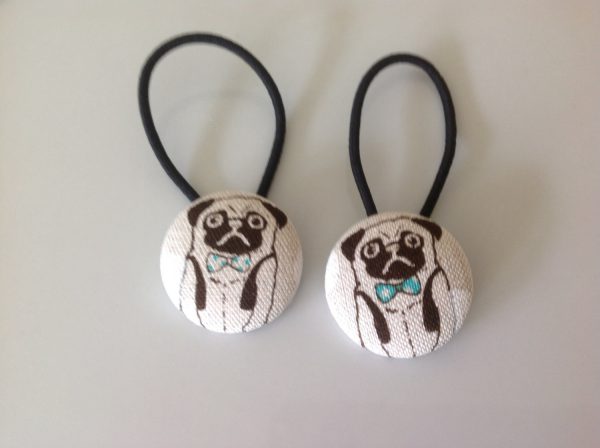 Pug fabric covered button hair tie pair