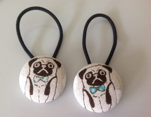 Pug fabric covered button hair tie pair