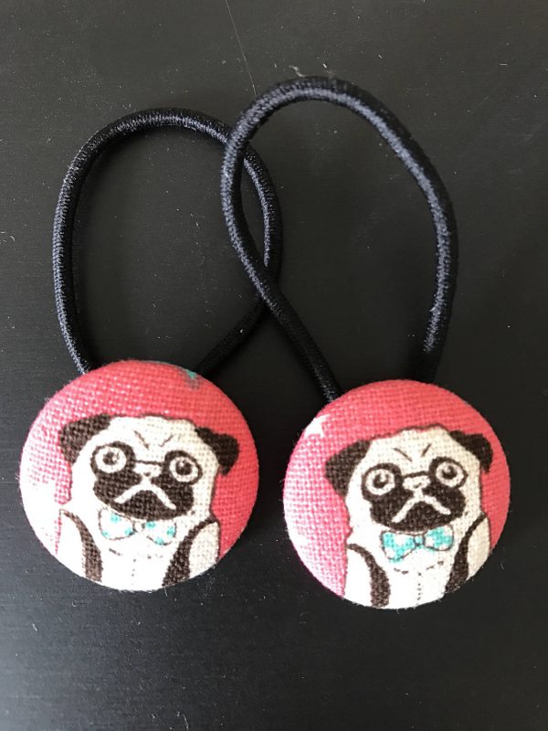 Pug fabric covered button hair tie pair