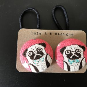 Pug fabric covered button hair tie pair