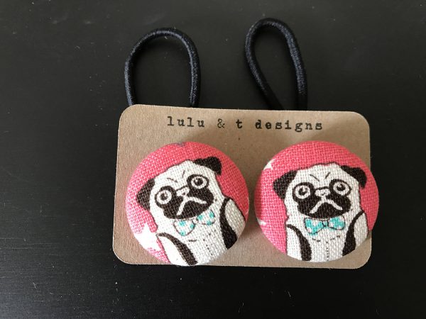 Pug fabric covered button hair tie pair