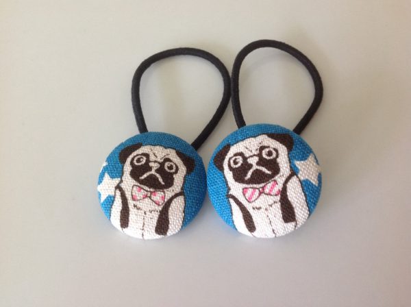 Pug fabric covered button hair tie pair