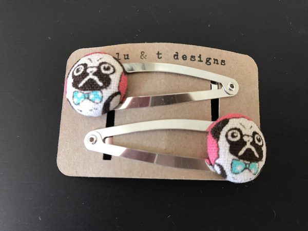 Pug hair clip, pug barrette, pug fabric covered button hair clip pair