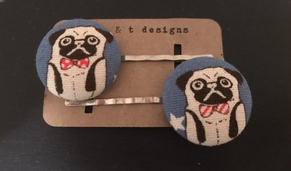 pug, pug hair pin, pug fabric covered button bobby pin pair