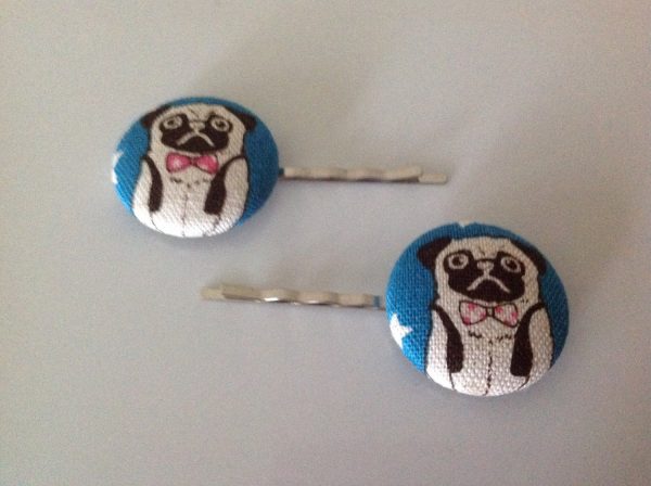 pug, pug hair pin, pug fabric covered button bobby pin pair