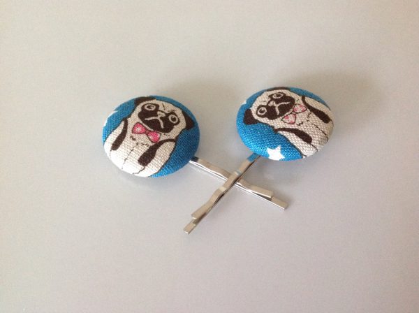 pug, pug hair pin, pug fabric covered button bobby pin pair