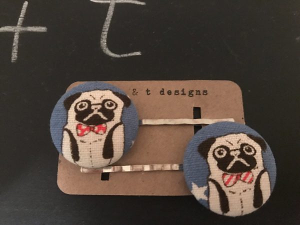 pug, pug hair pin, pug fabric covered button bobby pin pair