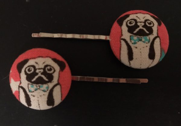 pug, pug hair pin, pug fabric covered button bobby pin pair