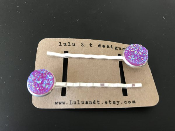 Purple faux druzy cabochon hair pins-pair