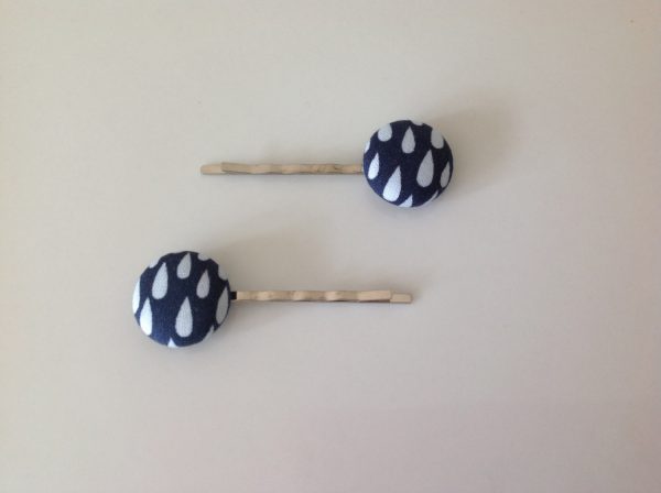 Rain drop bobby pin, Rain drop fabric covered button bobby pin pair