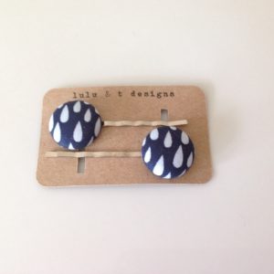 Rain drop bobby pin, Rain drop fabric covered button bobby pin pair