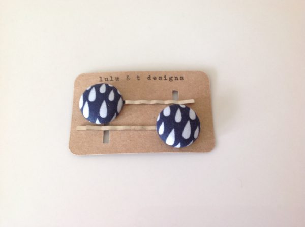 Rain drop bobby pin, Rain drop fabric covered button bobby pin pair