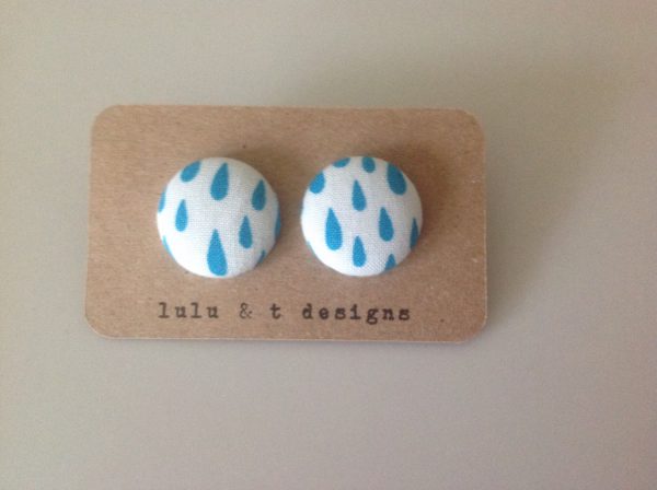 Rain drop fabric covered button earrings, rain drop earrings