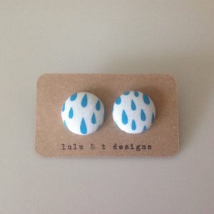 Rain drop fabric covered button earrings, rain drop earrings