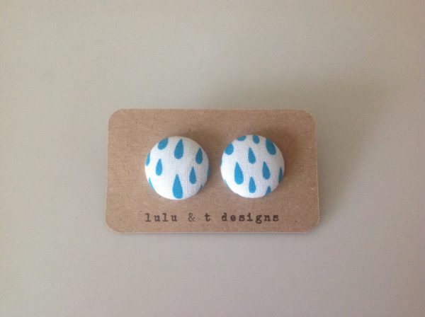 Rain drop fabric covered button earrings, rain drop earrings