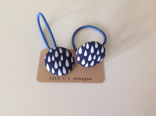 Rain drop, hair tie, rain drop fabric covered button hair tie pair