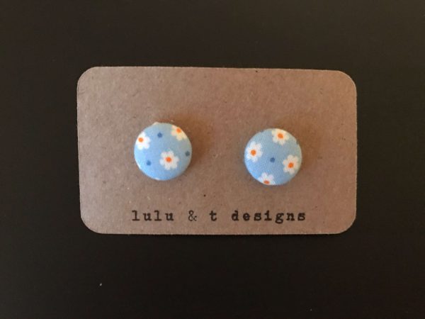 Retro flower fabric covered button earrings pair, flower fabric stud earrings