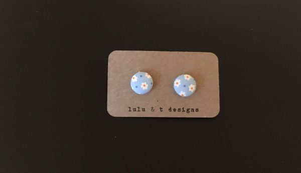 Retro flower fabric covered button earrings pair, flower fabric stud earrings