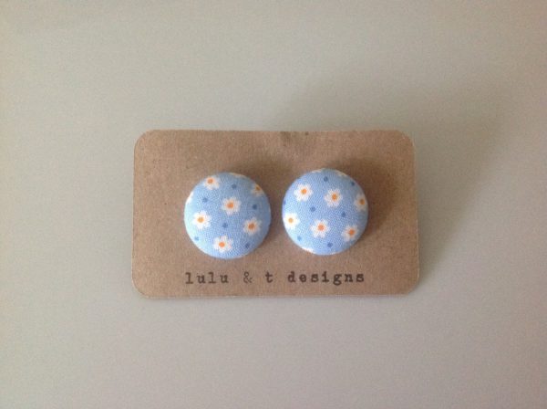 Retro flower fabric covered button earrings pair, flower fabric stud earrings