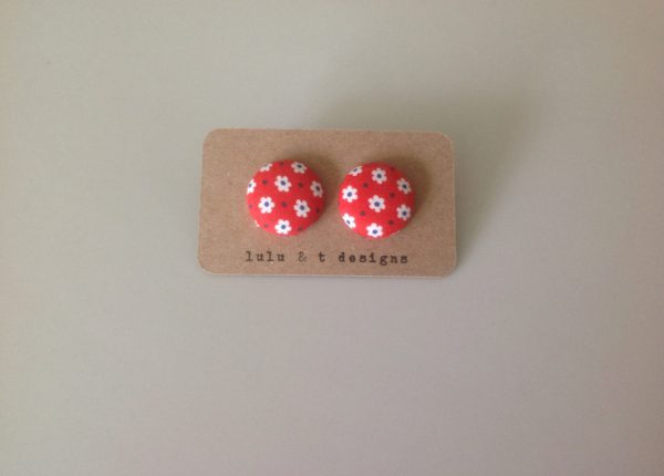 Retro flower fabric covered button earrings pair, flower fabric stud earrings