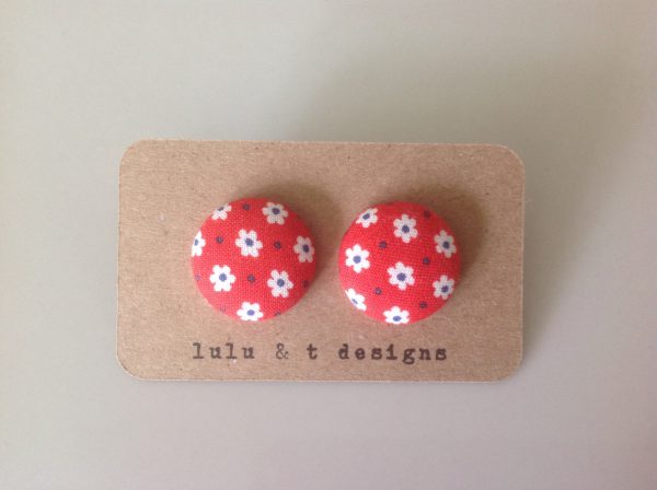 Retro flower fabric covered button earrings pair, flower fabric stud earrings