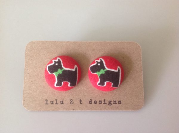 Scottie earrings, Scottish Terrier fabric, Scottie fabric covered button earrings pair