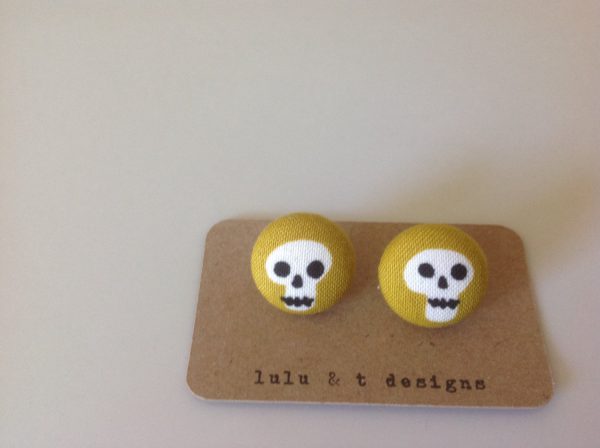 Skull fabric covered button earrings